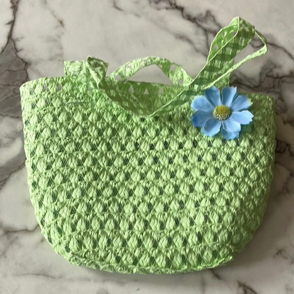 Green Kids Hat with Blue Flower, matching purse‎ and plush white Bunny